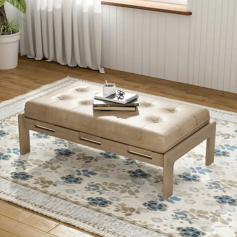 48.4 Rectangle Tufted Upholstered Cocktail, Leather Ottoman Coffee Table with Rubber Wood Frame