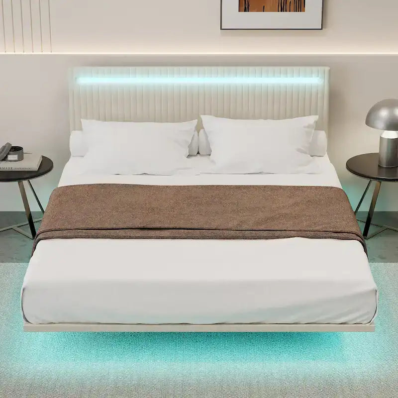 Roomfitters Full/Queen Size Floating Platform Bed Frame, Velvet Upholstery, Channel Tufted Headboard, No Box Spring Needed