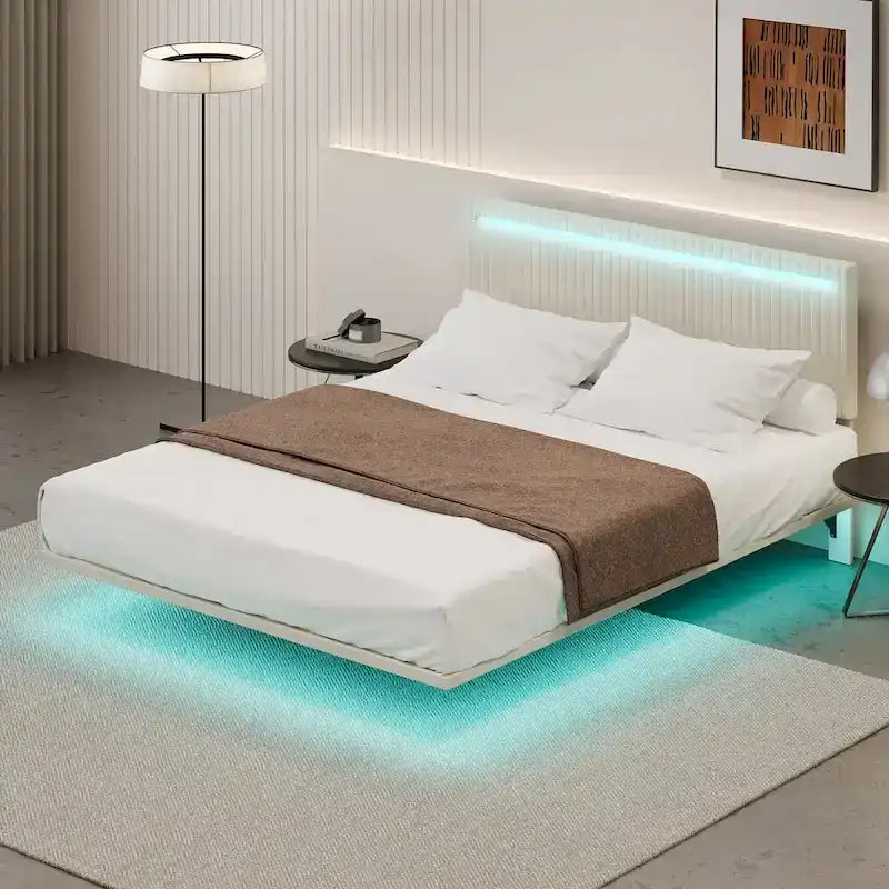 Cadre de lit plateforme flottant grand lit/queen, revêtement en velours, tête de lit capitonnée, sommier tapissier non requis