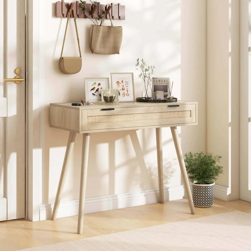 Console en rotin avec tiroir coulissant, style bohème pour entrée - Voir détails