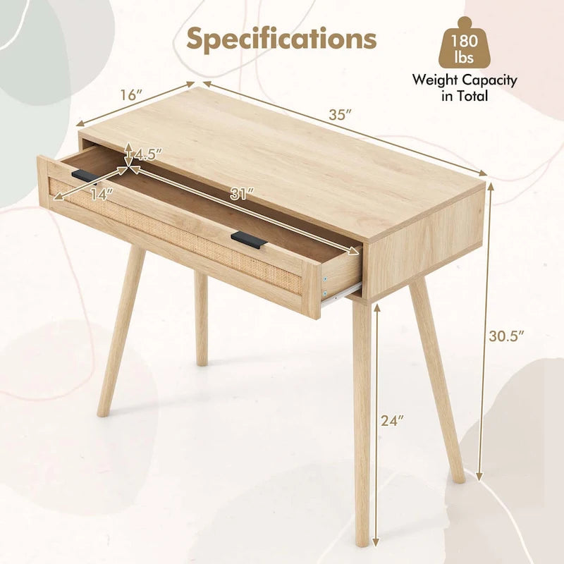 Console en rotin avec tiroir coulissant, style bohème pour entrée - Voir détails