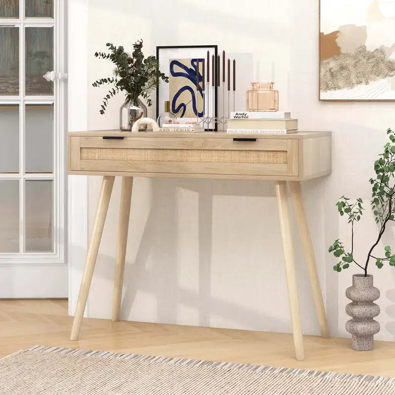 Console en rotin avec tiroir coulissant, style bohème pour entrée - Voir détails
