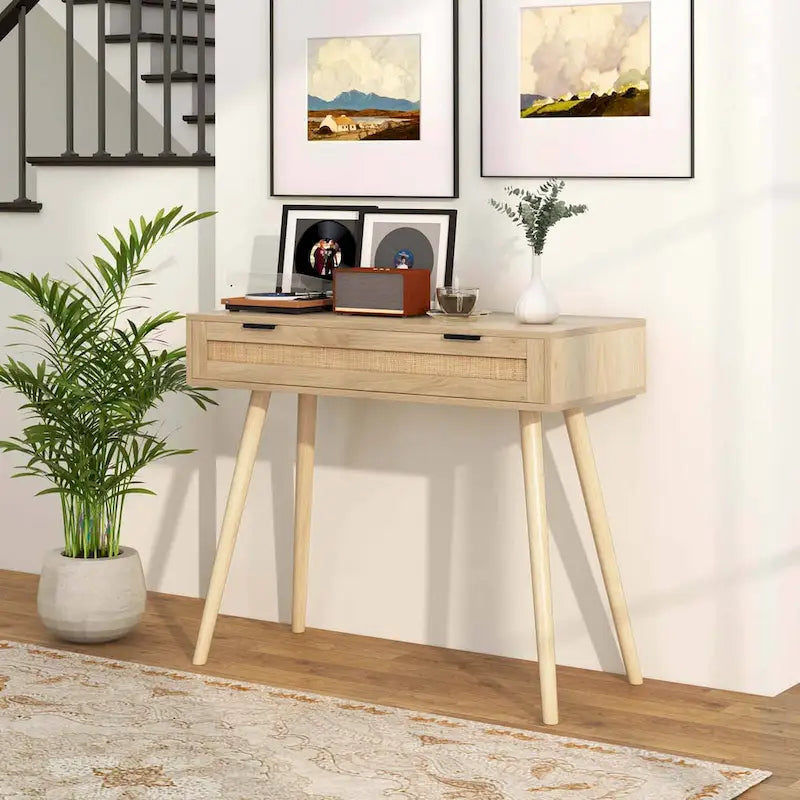 Console en rotin avec tiroir coulissant, style bohème pour entrée - Voir détails