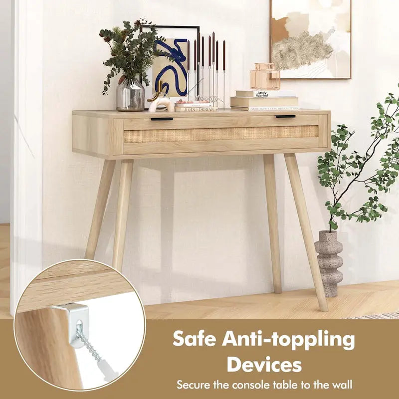 Console en rotin avec tiroir coulissant, style bohème pour entrée - Voir détails