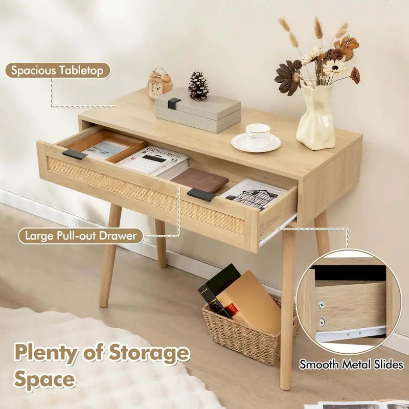 Console en rotin avec tiroir coulissant, style bohème pour entrée - Voir détails