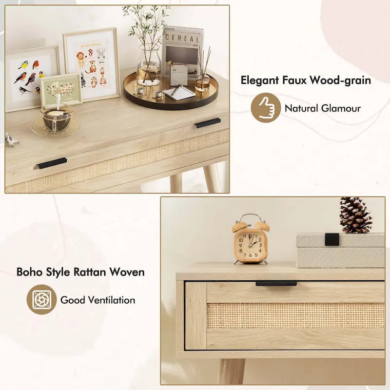 Console en rotin avec tiroir coulissant, style bohème pour entrée - Voir détails