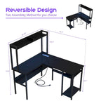 Bureau d'ordinateur en L avec étagère supérieure et étagères de rangement, table de jeu d'angle avec lumières LED
