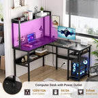 Bureau d'ordinateur en L avec étagère supérieure et étagères de rangement, table de jeu d'angle avec lumières LED
