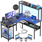 Bureau d'ordinateur en L avec étagère supérieure et étagères de rangement, table de jeu d'angle avec lumières LED