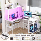 Bureau d'ordinateur en L avec étagère supérieure et étagères de rangement, table de jeu d'angle avec lumières LED