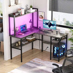 Bureau d'ordinateur en L avec étagère supérieure et étagères de rangement, table de jeu d'angle avec lumières LED