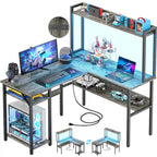 Bureau d'ordinateur en L avec étagère supérieure et étagères de rangement, table de jeu d'angle avec lumières LED