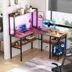 Bureau d'ordinateur en L avec étagère supérieure et étagères de rangement, table de jeu d'angle avec lumières LED