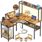 Bureau d'ordinateur en L avec étagère supérieure et étagères de rangement, table de jeu d'angle avec lumières LED