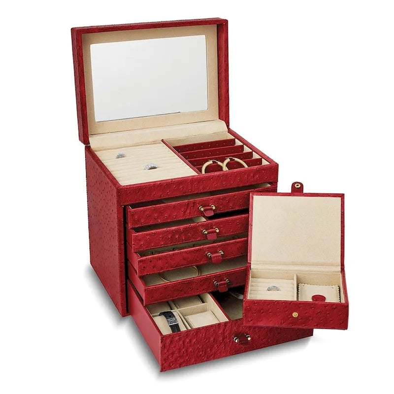Coffret à bijoux 5 tiroirs en cuir pleine fleur imitation autruche rouge Curata, doublure en ultrasuède, miroir et étui de voyage amovible